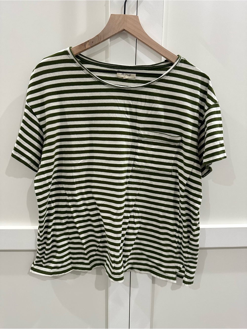 Madewell Olive Green White Stripe Short Sleeve Pocket Tee Sz Large
